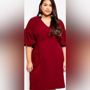 Eloquii V-Neck Midi Dress with Puff Sleeves in Burgundy